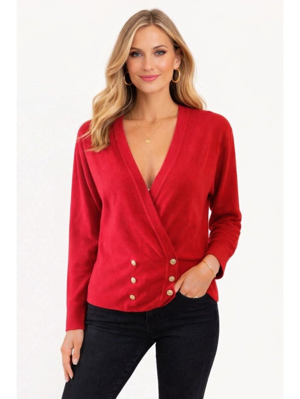 Vintage St. Michael Red Wool Long Sleeve Cardigan Buttoned Waist Size 42 (XL)